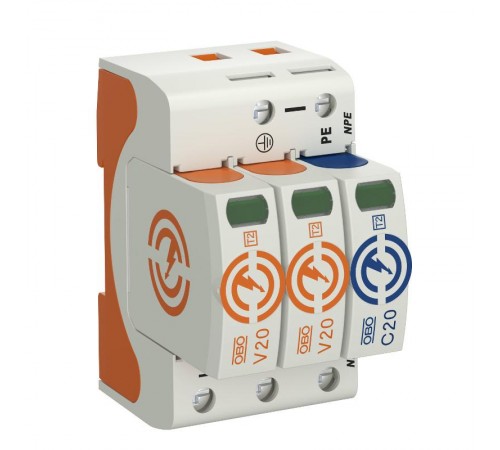 Устройства защиты от импульсных перенапряжений УЗИП для силовых сетей 2+NPE (Класс II), 280 В (V20-2+NPE-280)  5095252  OBO Bettermann