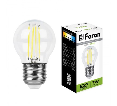 Лампа светодиодная LB-52 (7W) 230V E27 4000K филамент G45 прозрачная  25877  FERON