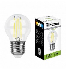 Лампа светодиодная LB-52 (7W) 230V E27 4000K филамент G45 прозрачная  25877  FERON
