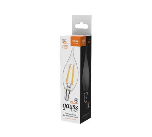 Лампа светодиодная Basic Filament Свеча на ветру 4,5W 400lm 2700К Е14 LED 1/10/50  1041115  Gauss