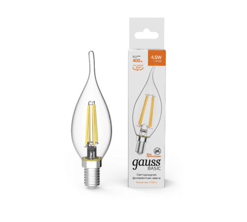Лампа светодиодная Basic Filament Свеча на ветру 4,5W 400lm 2700К Е14 LED 1/10/50  1041115  Gauss
