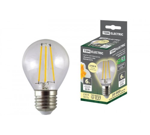 Лампа светодиодная шар "Филамент" G45-6 Вт-230 В-2700 К-E27 TDM  SQ0340-0279  TDM
