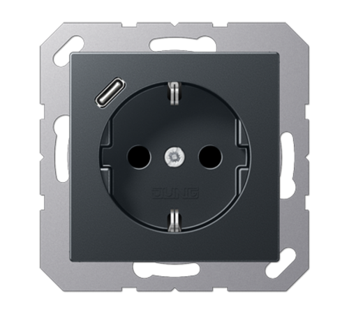 Розетка SCHUKO® с USB-зарядным устройством, тип С; термопласт; матовый антрацит  A1520-18CANM  Jung