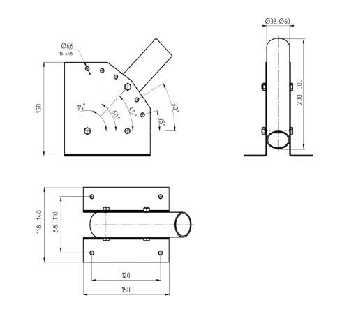 Кронштейн для уличных светильников с переменным углом 230х150х120 D48мм  903265102  Gauss