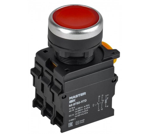 Кнопка с подсвет. и фикс. d=22мм 1NO+1NC красная MASTER  MI-BT60-11TD-3-11-K04  IEK