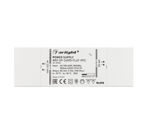 Блок питания ARV-SP-24090-FLAT-PFC (24V, 3.75A, 90W) (Arlight, IP20 Пластик, 5 лет)  033262  Arlight