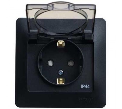 Glossa Антрацит Розетка с заземлением со шторками с крышкой, 16А, IP44 (в сборе)  GSL000748  SE