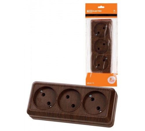 Розетка 3-х местная горизонтальная 2П открытой установки IP20 10A бук "Ладога"  SQ1801-0324  TDM