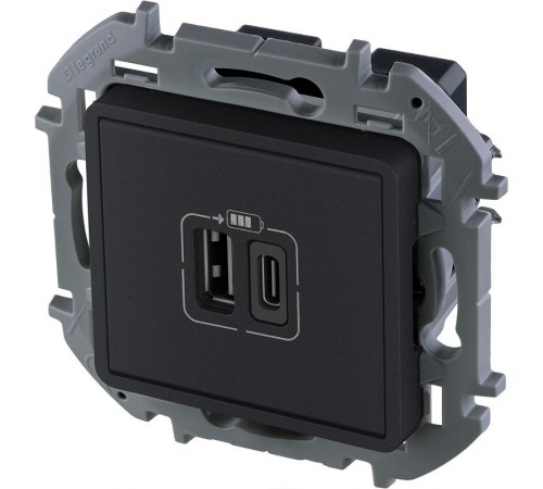 Inspiria Антрацит Устройство зарядное 2 местное с USB-разьемами A-C 240В/5В 3000мА С/У без рамки  673763  Legrand