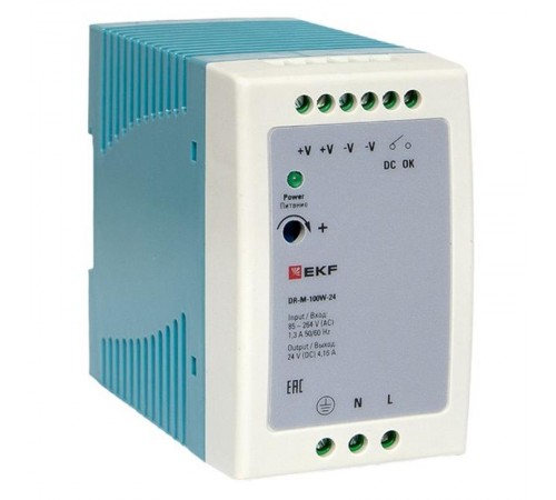 Блок питания на дин рейку 100Вт,Uвх ~ 220 В AC m, Uвых - 24 В DC постоянного тока DR-M-100W-24 EKF