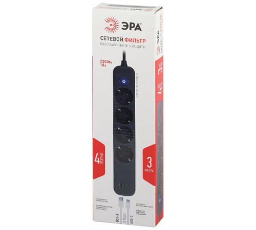 Сетевой фильтр  USF-4es-3m-2xUSBAC-B с базовой защитой с заземлением с выключателем 4 розетки+2xUSBA+C 2,4A 3м 10А   Б0059574  ЭРА