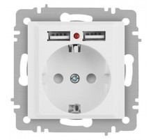 Розетка Intro Accent 6-410-01М , P+E Schuko со шторками, 16А-250В + 2хUSB, IP20, СУ, белый матовый  Б0063691  Intro