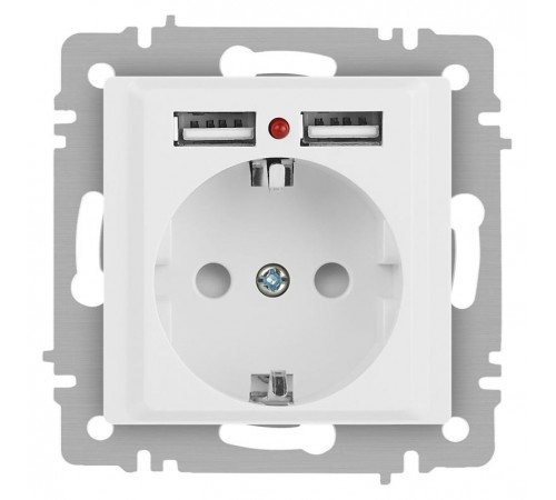 Розетка Intro Accent 6-410-01М , P+E Schuko со шторками, 16А-250В + 2хUSB, IP20, СУ, белый матовый  Б0063691  Intro