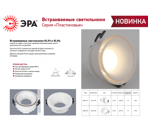 Светильник встраиваемый точечный KL94 WH MR16/GU5.3 белый, пластиковый  Б0054378  ЭРА