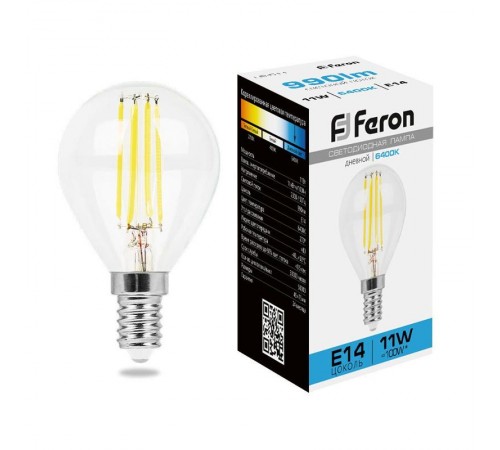 Лампа светодиодная, (11W) 230V E14 6400K прозрачная, LB-511  38225  FERON