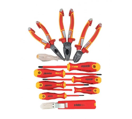 Набор диэл. отверток, бокорезов, плоскогубцев, длинногубцев, стриппера и отвертки тестера в сумке  41391104  Felo