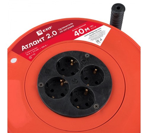 Удлинитель на катушке "Атлант 2.0" 4 гнезда 40м с заземлением  ПВС 3*1,0  10А/2,2кВт PROxima  UKA02-10-310-4-40  EKF