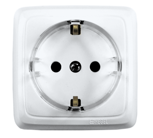 Розетка открытой установки, одноместная, с заземляющим контактом, со шторкой, цвет белый  РА16-172  HEGEL