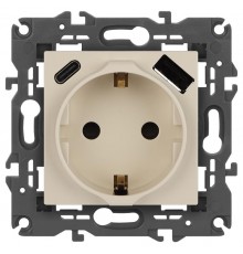 Розетка Elegance 14-4108-02 2P+E 16A-250В со шторками с USB type-A+C 5В-3А слоновая кость  Б0067725  ЭРА