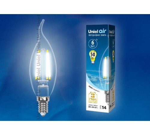 Лампа светодиодная LED-CW35-6W/NW/E14/CL GLA01TR LED. "свеча на ветру", прозр серия Air. 4000K  UL-00002229  Uniel