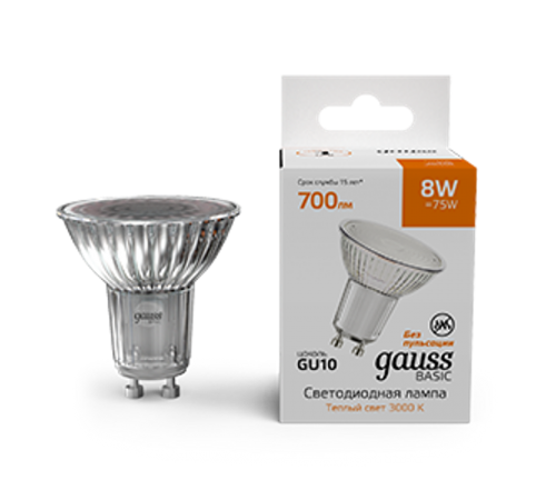 Лампа светодиодная   Basic MR16 8W 700lm 3000K GU10 LED 1/10/100  10106182  Gauss