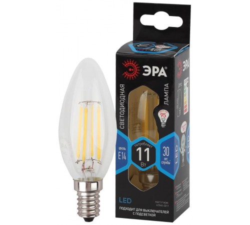 Лампа светодиодная F-LED B35-11w-840-E14 (филамент, свеча, 11Вт, нейтр, E14)  Б0046987  ЭРА