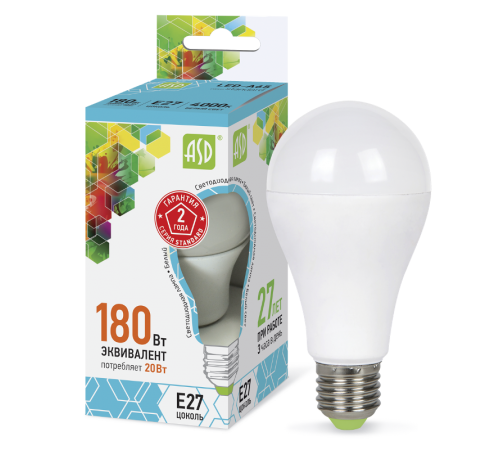 Лампа светодиодная LED-A60-standard 20Вт 230В Е27 4000К 1800Лм  4690612004204  ASD