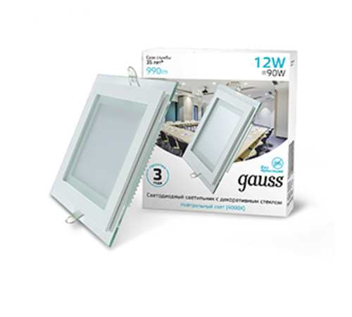 Светильник светодиодный встраиваемый квадратный с декоративным стеклом 12W 4000K 1/40  948111212  Gauss