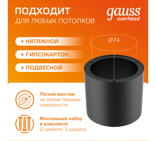 Светильник светодиодный декоративный бытовой с рассеивателем HD016 10W (черный) 3000K 88х75мм  HD016  Gauss