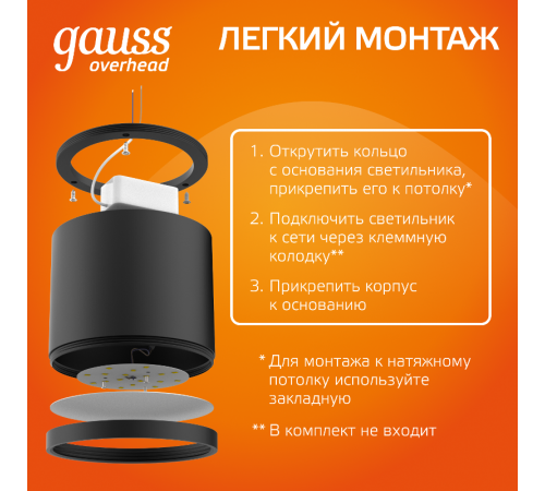 Светильник светодиодный декоративный бытовой с рассеивателем HD016 10W (черный) 3000K 88х75мм  HD016  Gauss