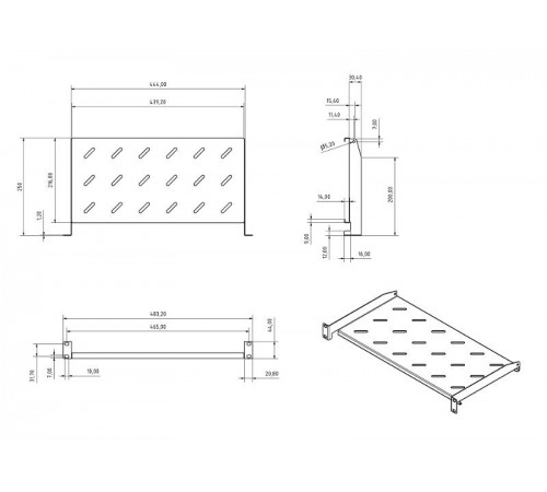 TAL3-1U-250-RAL7035 Полка угловая с перфорацией 19", 1U, ширина 440 мм, глубина 250 мм, цвет серый (RAL 7035)  433683  Hyperline