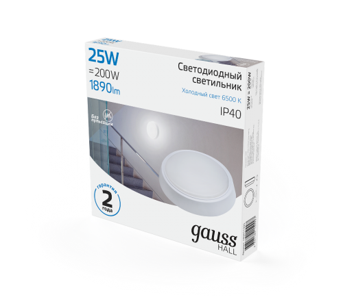 Светильник светодиодный пылевлагозащищенный для ЖКХ HALL круг 25W 1890lm 6500K 200-240V IP40 D210*35мм белый LED 1/20  193411325  Gauss