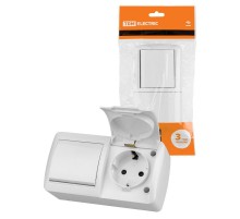 Блок выключатель 1-кл. 10А + розетка 2П+З 16А с защ. штор. с крышкой IP54 белый "Селигер"  SQ1818-0020  TDM