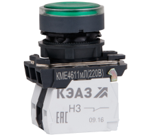 Кнопка КМЕ4611мЛ-220В-зеленый-1но+1нз-цилиндр-индикатор-IP65  248250  КЭАЗ