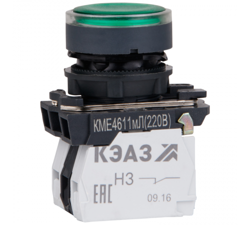 Кнопка КМЕ4611мЛ-220В-зеленый-1но+1нз-цилиндр-индикатор-IP65  248250  КЭАЗ