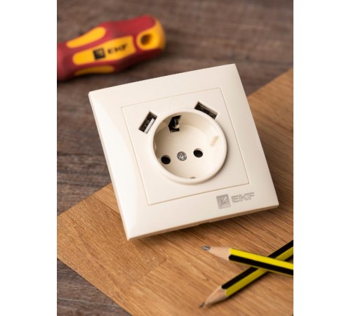 Валенсия розетка 1-местная с/з 16А кремовая с защ. штор. с 2 USB 2,1А EKF PROxima   EWR16-028-20-2USB   EKF