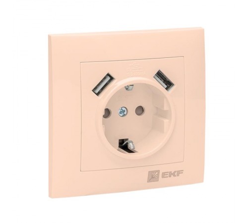 Валенсия розетка 1-местная с/з 16А кремовая с защ. штор. с 2 USB 2,1А EKF PROxima   EWR16-028-20-2USB   EKF