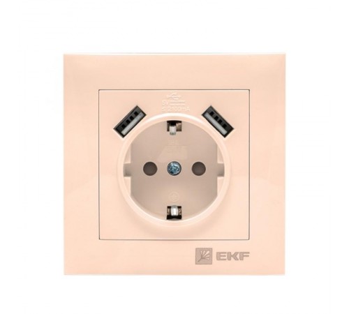 Валенсия розетка 1-местная с/з 16А кремовая с защ. штор. с 2 USB 2,1А EKF PROxima   EWR16-028-20-2USB   EKF