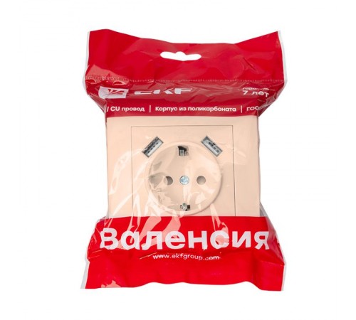 Валенсия розетка 1-местная с/з 16А кремовая с защ. штор. с 2 USB 2,1А EKF PROxima   EWR16-028-20-2USB   EKF