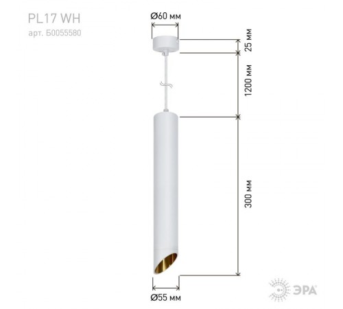Светильник подвесной (подвес) PL 17 WH MR16/GU10, белый, потолочный, цилиндр  Б0055580  ЭРА