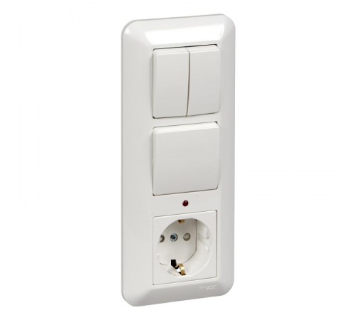 Blanca Белый С/У Блок: Розетка с заземлением с защитными шторками +Выключатель 1-клавишный+Выключатель 2-клавишный BK2VR-008A-BSE