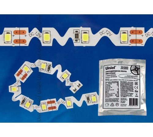 Лента светодиодная фигурная гибкая зиг-заг, 3м IP20 ULS-Z01 2835-60LED/m-8mm-IP20-DC12V-9,6W/m-3M-DW холодный белый свет  10777  Uniel