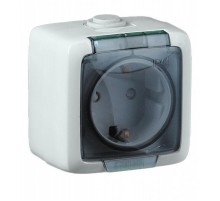 Розетка открытой установки, одноместная, с заземляющим контактом, со шторкой, брызгозащищенная, цвет белая  РА16-212  HEGEL