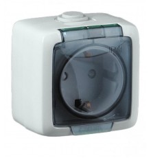 Розетка открытой установки, одноместная, с заземляющим контактом, со шторкой, брызгозащищенная, цвет белая  РА16-212  HEGEL