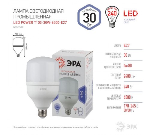 Лампа светодиодная промышленная LED POWER T100-30W-6500-E27 ЭРА (диод, колок, 30 Вт, хол, E27) (20/600)  Б0049597  ЭРА