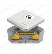 Коробка уравнивания потенциалов (КУП) 100х100х50мм, 6 гермовводов, с шиной 6х9 8груп, IP55, наклейка "заземление"  GE41361  GREENEL