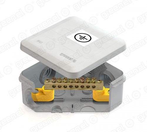 Коробка уравнивания потенциалов (КУП) 100х100х50мм, 6 гермовводов, с шиной 6х9 8груп, IP55, наклейка "заземление"  GE41361  GREENEL