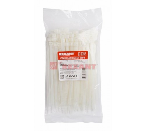 Хомут-стяжка кабельная нейлоновая 200 x7,6 мм, белая, упаковка 100 шт.  07-0202  REXANT