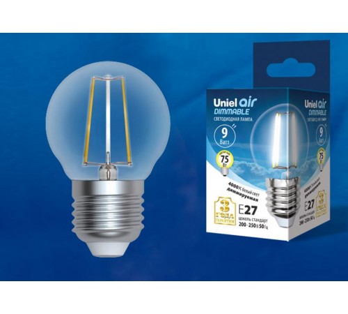 Лампа светодиодная LED-G45-9W/4000K/E27/CL/DIM GLA01TR LED диммируемая. "шар", прозр серия Air. 4000K  UL-00005194  Uniel