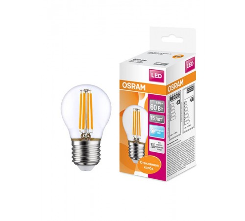 Лампа светодиодная филаментная LED STAR Classic P 5W, прозрачная колба, Е27 LSCLP60 CL 5W/840 230V FILE2710X1RU  4058075212541  Osram